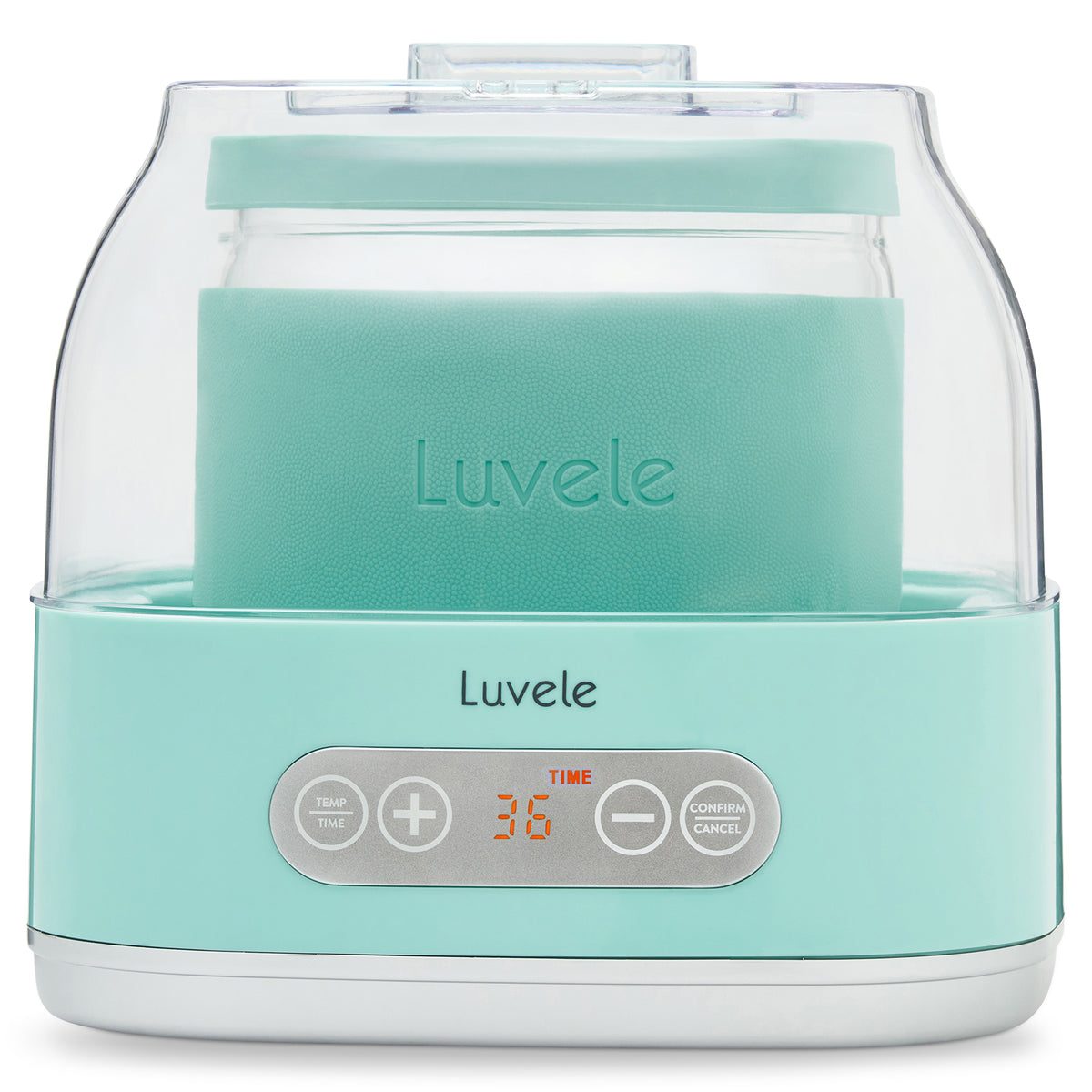 Turquoise yogurt maker with &#39;Luvele&#39; branding on a white background