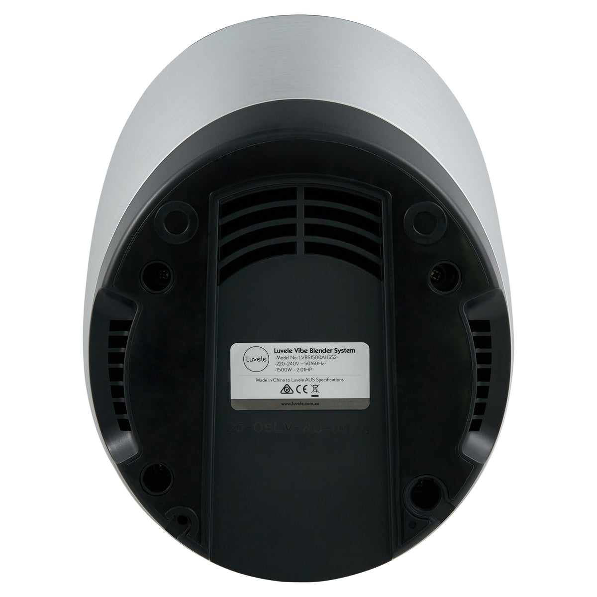 Luvele Vibe Blender base underside showing vents and rating label
